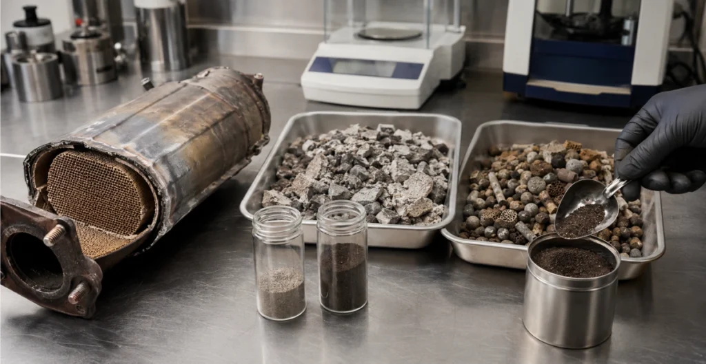 Used catalytic converter and industrial catalyst materials prepared for sampling and assay