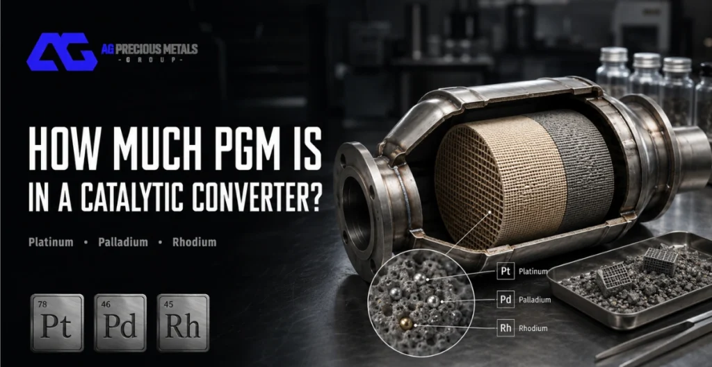 Cutaway catalytic converter showing platinum, palladium and rhodium PGM content