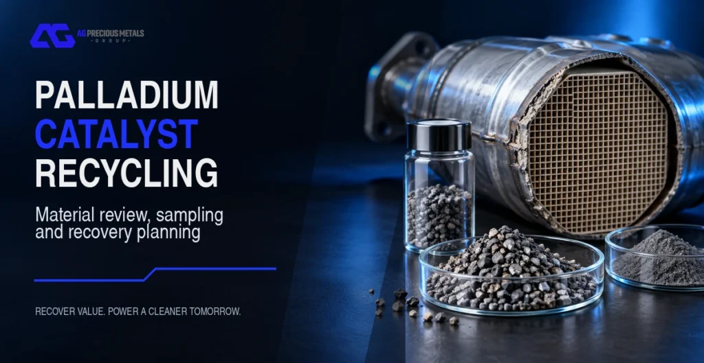Palladium-bearing catalyst material prepared for sampling and precious metal recovery