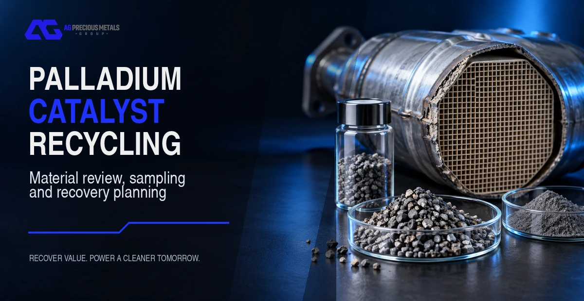 Palladium-bearing catalyst material prepared for sampling and precious metal recovery